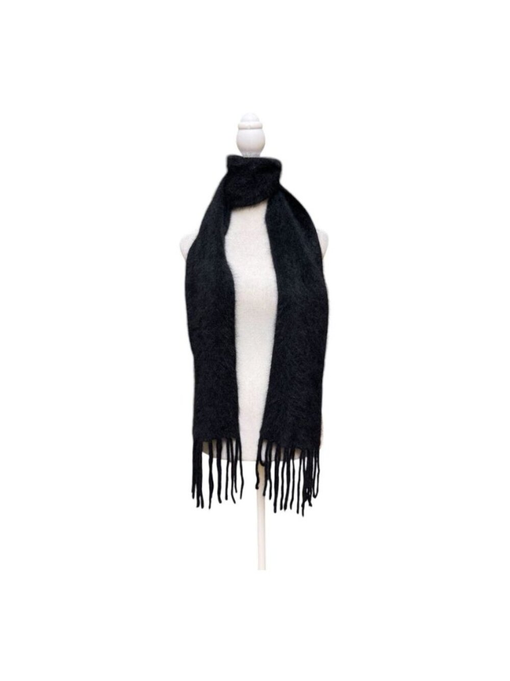 Black Rabbit Hair Blend Fringe Scarf Soft Fuzzy Winter Wrap One Size